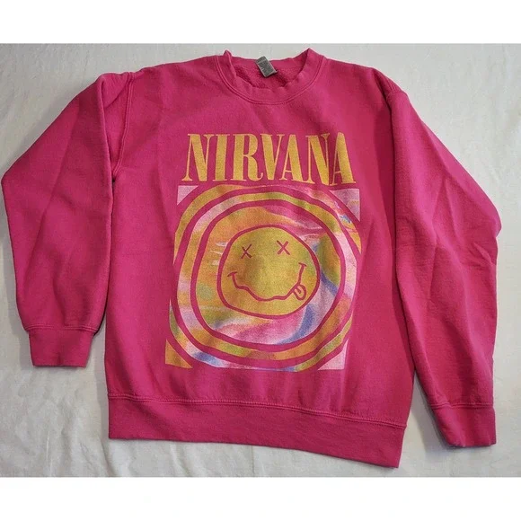 Nirvana Graphic Sweatshirt Unisex Small Pink Smiley Face Tie Dye Logo - Picture 3 of 12